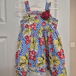 Blue Polka Dot Cherry Dress with Floral Accent